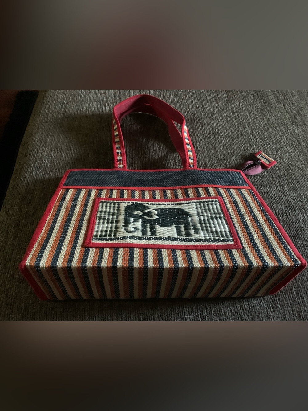 woven straw & fabric tote bag ft/ a striped pattern and elephant motif